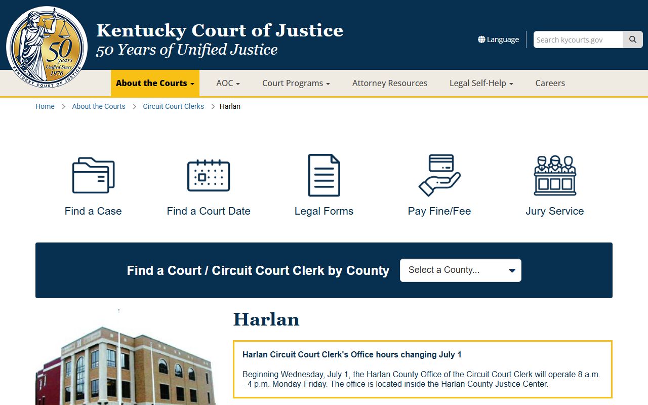 Harlan County court records after arrest Kentucky Court of Justice page